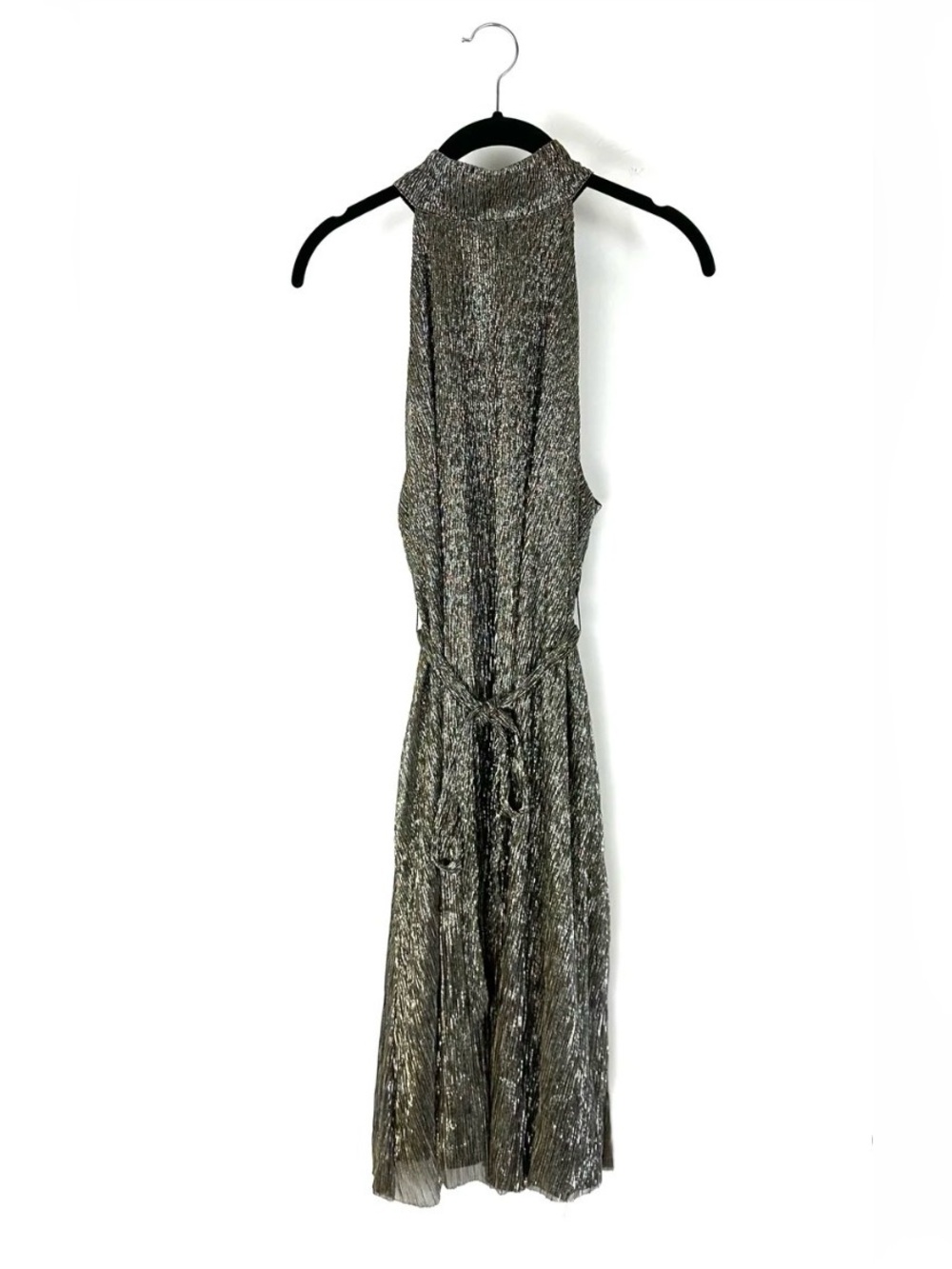 Rachel Zoe Metallic Silver Halter Maxi Dress with Waist Tie